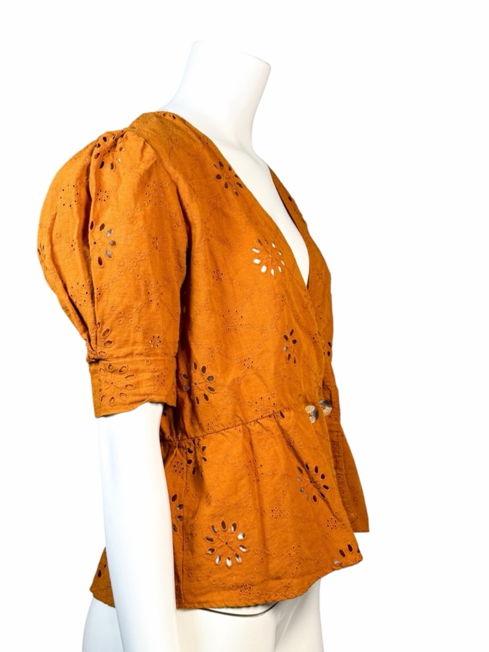 Zara Eyelet Peplum Blouse Mustard Puff Sleeve Wrap Top Medium - Picture 4 of 6